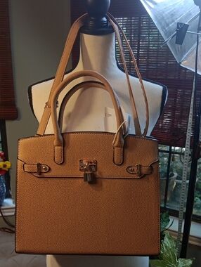 Structured Tan Satchel with Gold Lock Accent